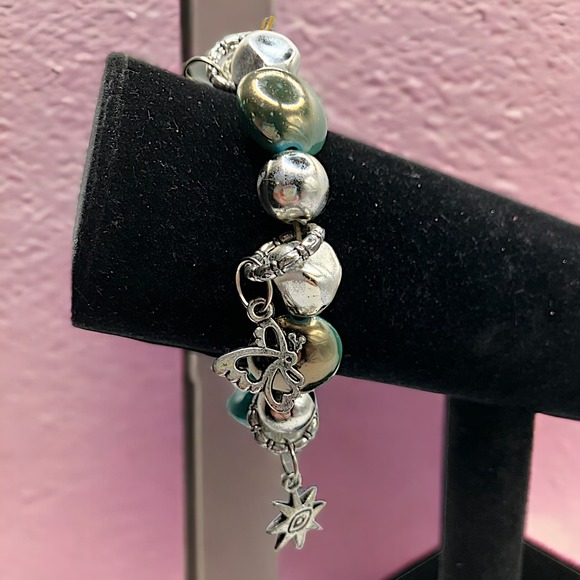 Turquoise & Silver-Tone Beaded Charm Homemade 4.75 Inch Around Bracelet! - Picture 1 of 6
